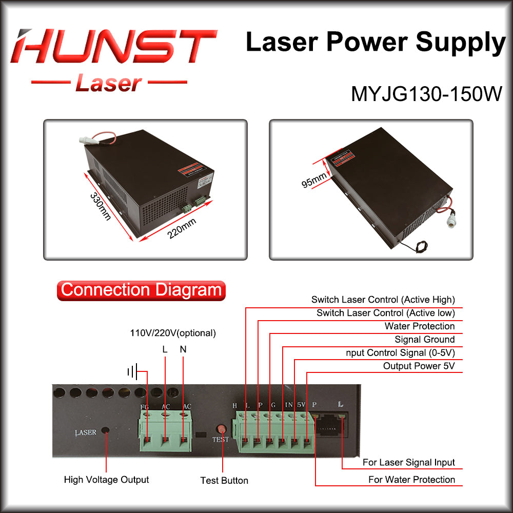 Hunst MYJG 130-150W CO2 Laser Power Supply 130~150W Laser Generator para Co2 Engraving Cutting Machine Glass Tube