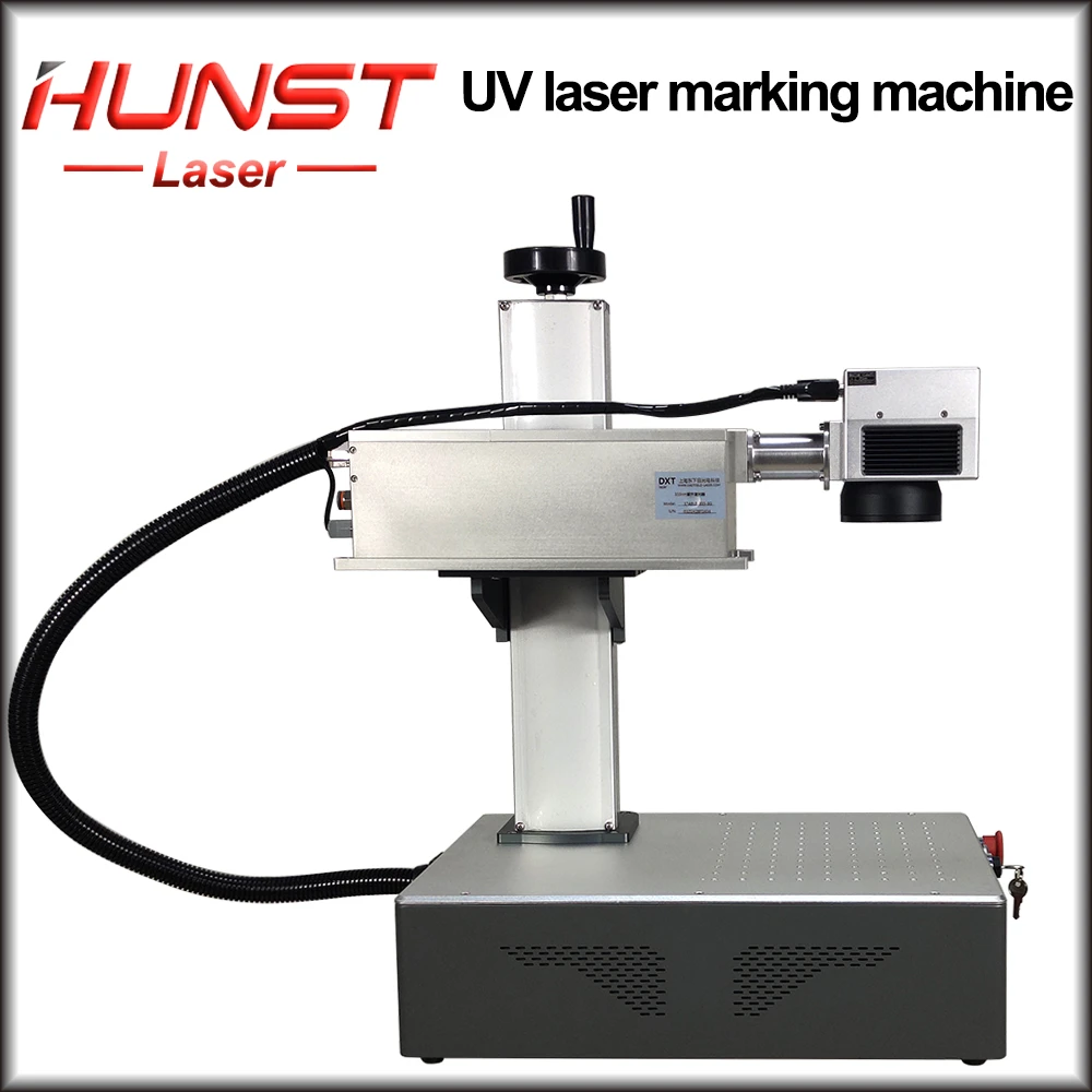 A máquina de marcação a laser UV portátil Hunst Mini de 3 W e 5 W é adequada para gravação em plástico, PVC, vidro, jade, couro, garrafas e conchas móveis. 