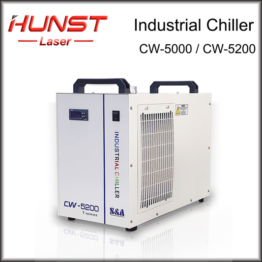 Hunst S&amp;A CW5000 CW5200 CW5202 Refrigerador de água industrial para máquina de corte e gravação a laser de CO2 Refrigeração de tubo de laser de 80 W ~ 150 W