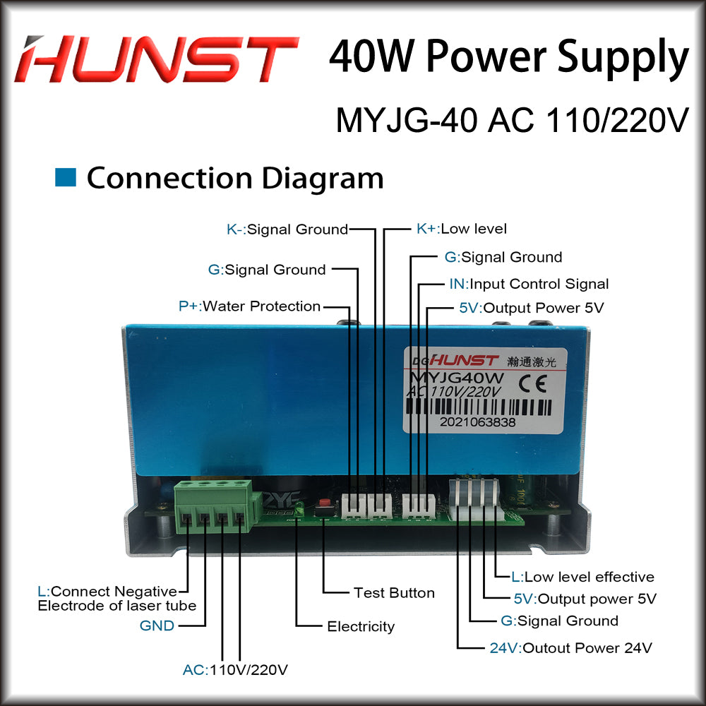Hunst 40W CO2 Laser Power Supply 110V/220V para 30W 40W 50W Máquina de corte e gravação MYJG-40W Laser Generato