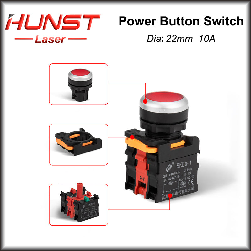 Hunst 22mm Interruptor de botão de pressão de contato de prata de qualidade, para máquina de marcação a laser e máquina de corte e gravação a laser de CO2
