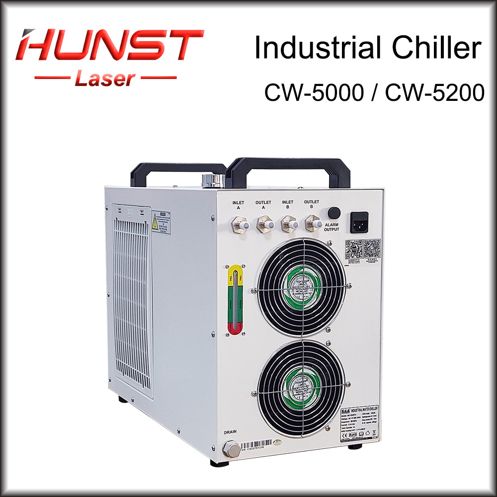 Hunst S&amp;A CW5000 CW5200 CW5202 Refrigerador de água industrial para máquina de corte e gravação a laser de CO2 Refrigeração de tubo de laser de 80 W ~ 150 W