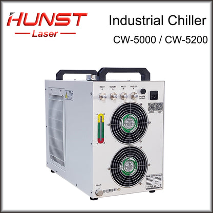 Hunst S&amp;A CW5000 CW5200 CW5202 Refrigerador de água industrial para máquina de corte e gravação a laser de CO2 Refrigeração de tubo de laser de 80 W ~ 150 W