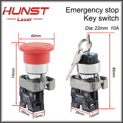 Botão de parada de emergência Hunst NC Chave interruptora NO AC15 10A para máquina de corte e gravação a laser de CO2