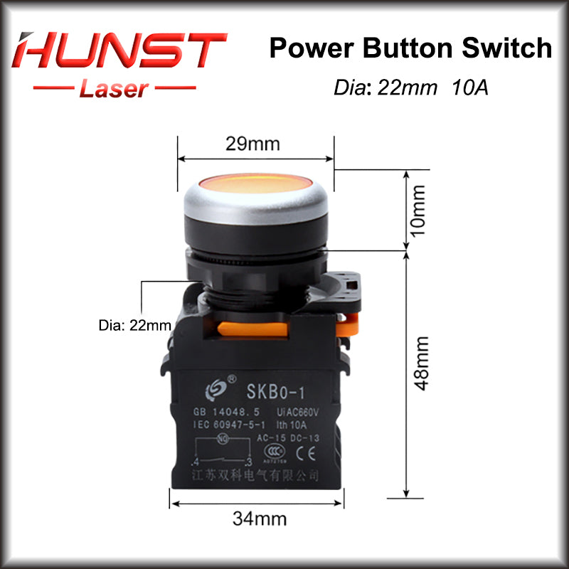 Hunst 22mm Interruptor de botão de pressão de contato de prata de qualidade, para máquina de marcação a laser e máquina de corte e gravação a laser de CO2