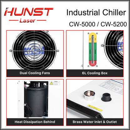 Hunst S&amp;A CW5000 CW5200 CW5202 Refrigerador de água industrial para máquina de corte e gravação a laser de CO2 Refrigeração de tubo de laser de 80 W ~ 150 W