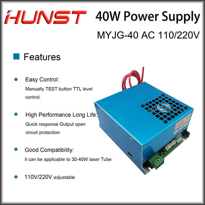 Hunst 40W CO2 Laser Power Supply 110V/220V para 30W 40W 50W Máquina de corte e gravação MYJG-40W Laser Generato