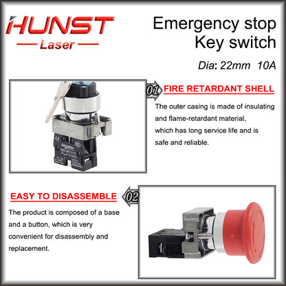 Botão de parada de emergência Hunst NC Chave interruptora NO AC15 10A para máquina de corte e gravação a laser de CO2