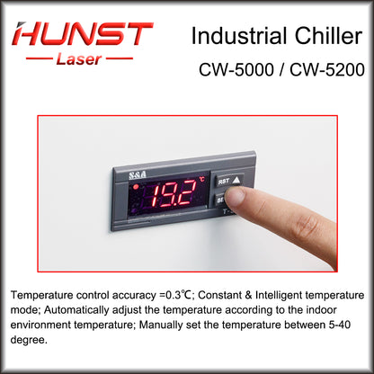 Hunst S&amp;A CW5000 CW5200 CW5202 Refrigerador de água industrial para máquina de corte e gravação a laser de CO2 Refrigeração de tubo de laser de 80 W ~ 150 W
