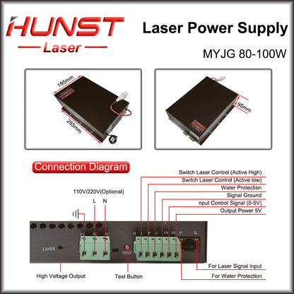 Hunst MYJG 80-100W CO2 Laser Power Supply 80~100W Laser Generator para Co2 Engraving Cutting Machine Glass Tube