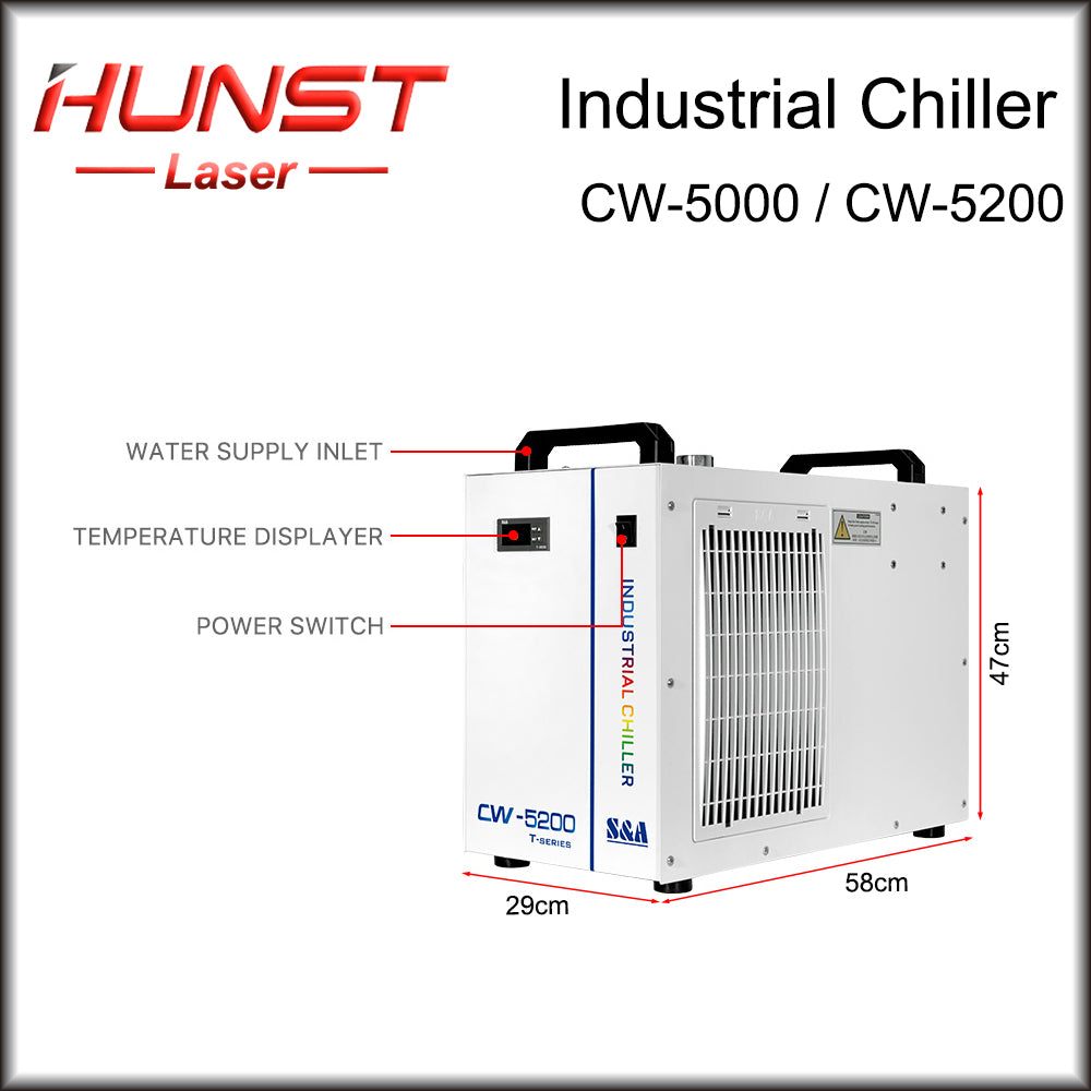 Hunst S&amp;A CW5000 CW5200 CW5202 Refrigerador de água industrial para máquina de corte e gravação a laser de CO2 Refrigeração de tubo de laser de 80 W ~ 150 W
