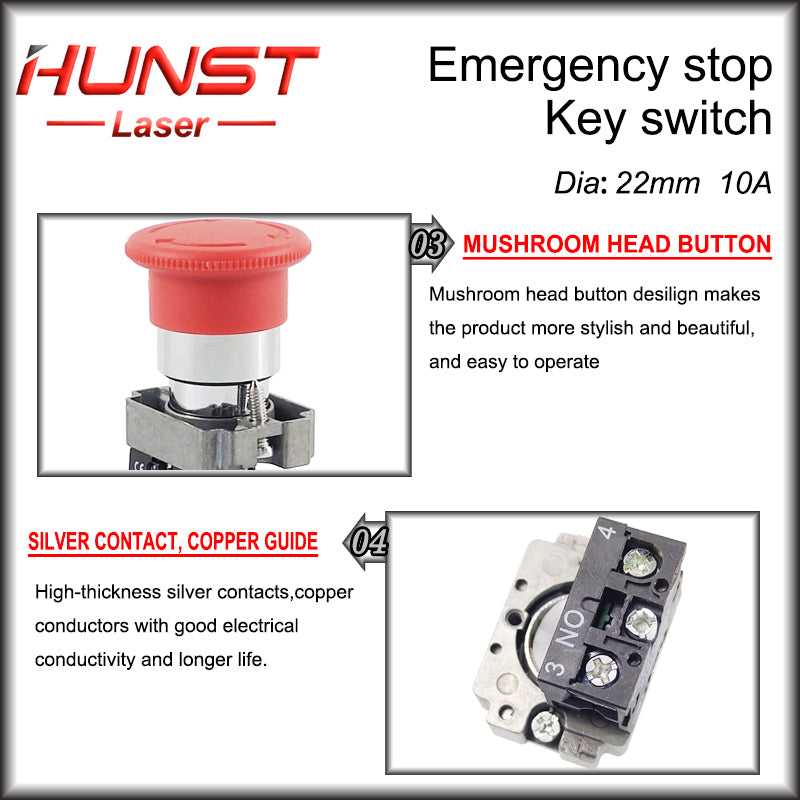 Botão de parada de emergência Hunst NC Chave interruptora NO AC15 10A para máquina de corte e gravação a laser de CO2