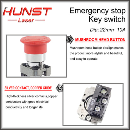 Botão de parada de emergência Hunst NC Chave interruptora NO AC15 10A para máquina de corte e gravação a laser de CO2