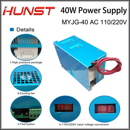 Hunst 40W CO2 Laser Power Supply 110V/220V para 30W 40W 50W Máquina de corte e gravação MYJG-40W Laser Generato