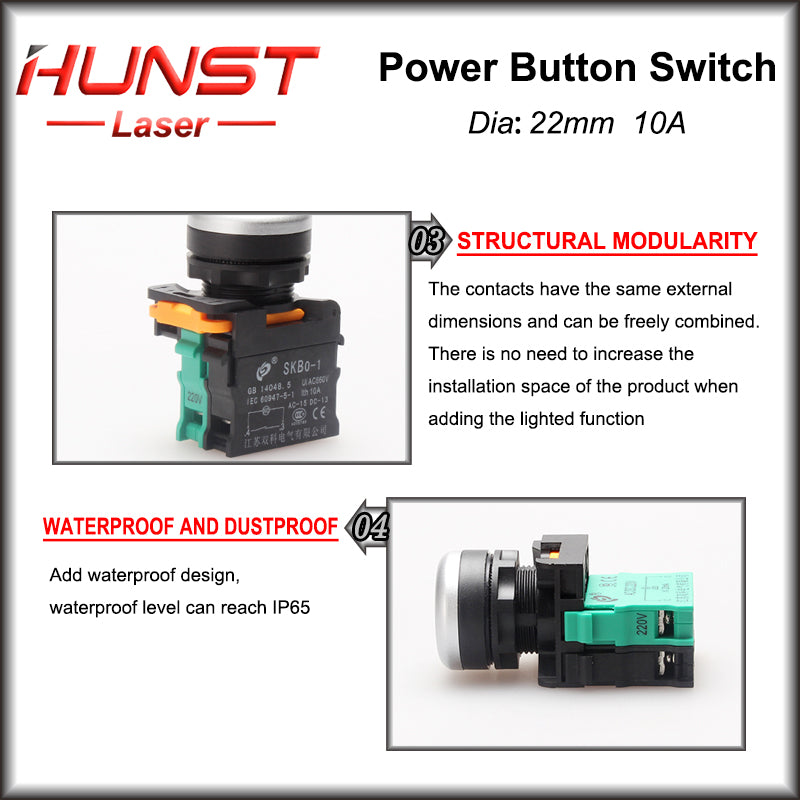 Hunst 22mm Interruptor de botão de pressão de contato de prata de qualidade, para máquina de marcação a laser e máquina de corte e gravação a laser de CO2