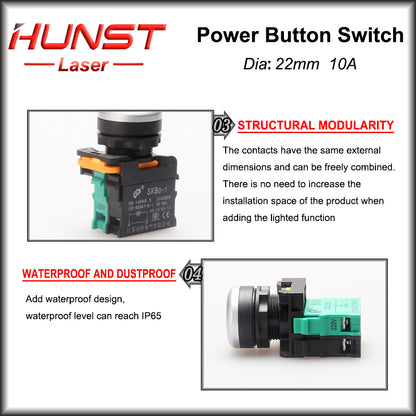 Hunst 22mm Interruptor de botão de pressão de contato de prata de qualidade, para máquina de marcação a laser e máquina de corte e gravação a laser de CO2