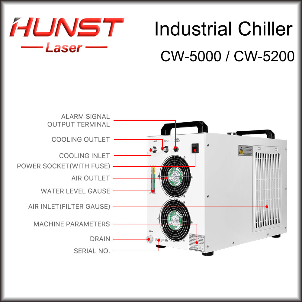Hunst S&amp;A CW5000 CW5200 CW5202 Refrigerador de água industrial para máquina de corte e gravação a laser de CO2 Refrigeração de tubo de laser de 80 W ~ 150 W