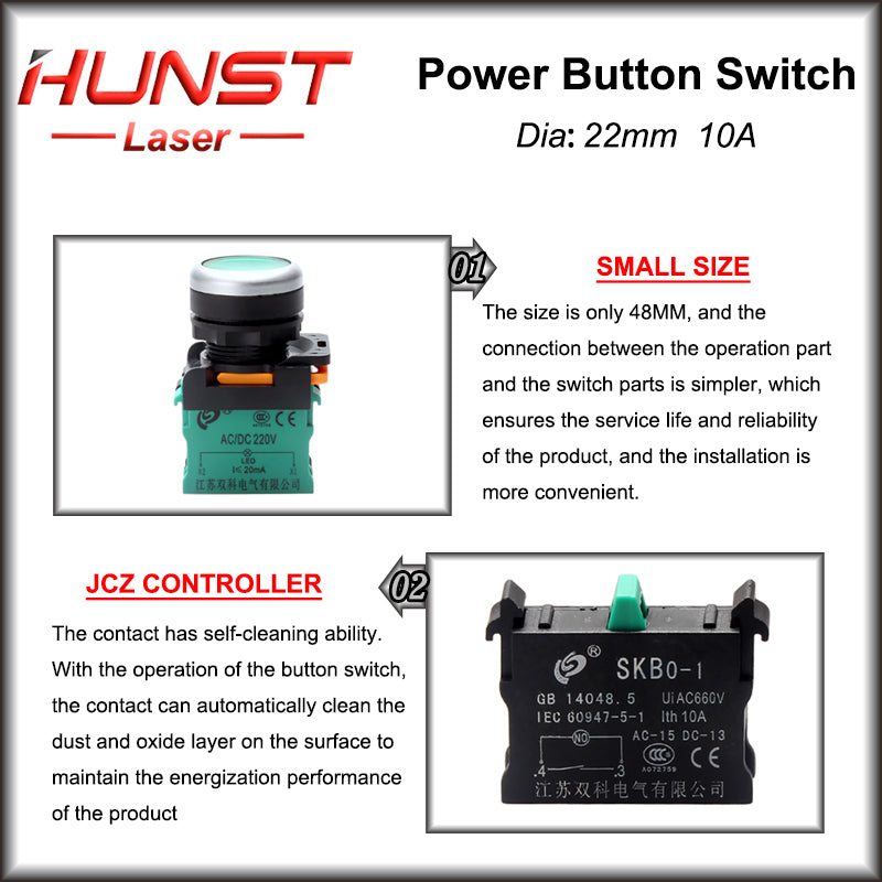 Hunst 22mm Interruptor de botão de pressão de contato de prata de qualidade, para máquina de marcação a laser e máquina de corte e gravação a laser de CO2