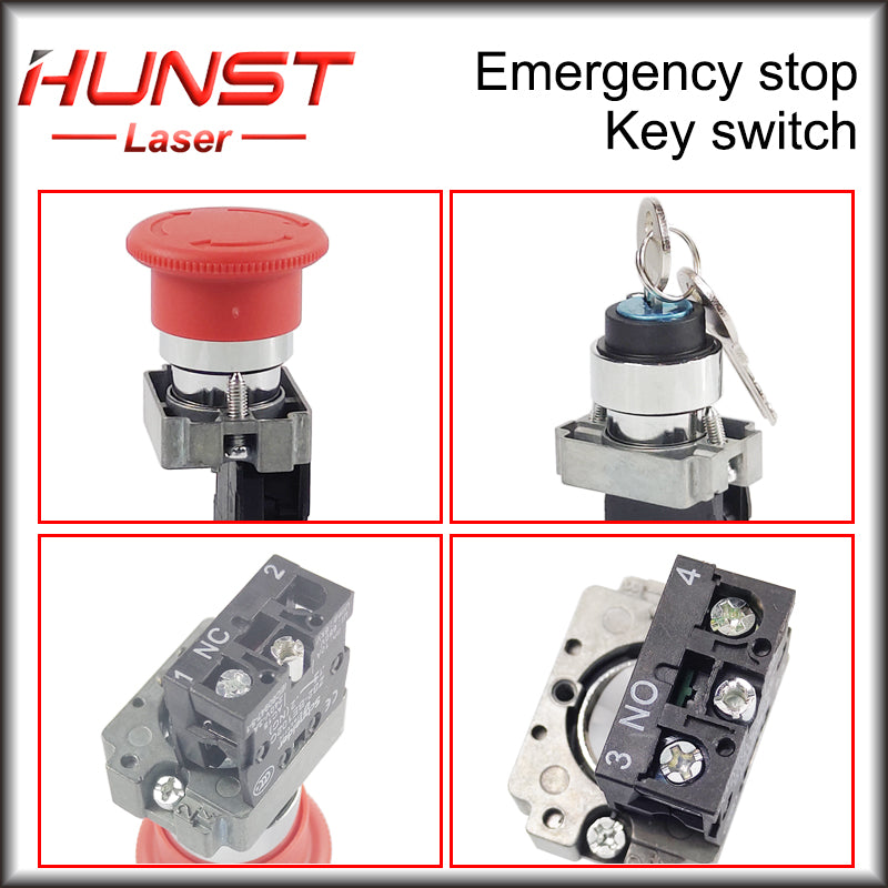 Botão de parada de emergência Hunst NC Chave interruptora NO AC15 10A para máquina de corte e gravação a laser de CO2