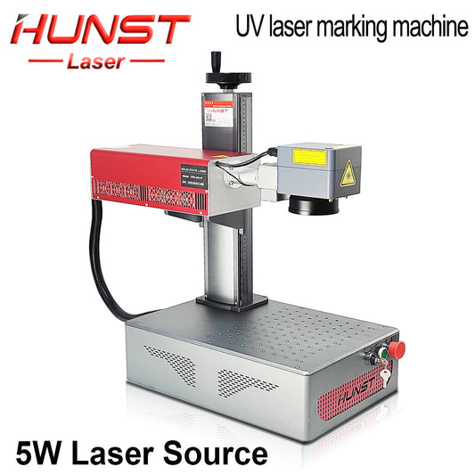 A pequena máquina de marcação a laser UV portátil de 5 W da HUNST é adequada para gravar plástico, PVC, vidro, jade, garrafas de couro, etc. 