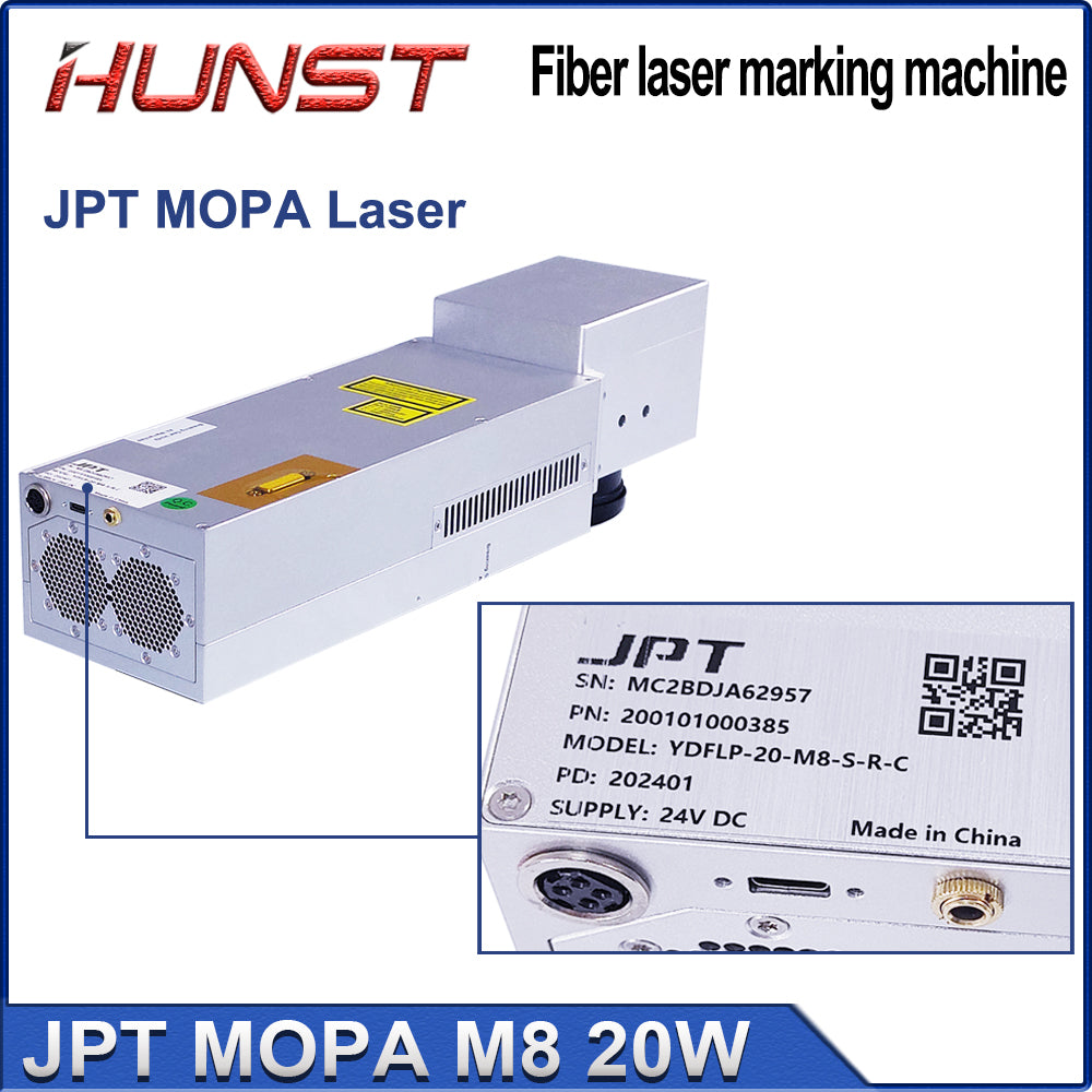 Máquina de marcação a laser HUNST Mini 20W JPT MOPA M8 Laser de fibra portátil para marcação colorida de aço inoxidável e gravação em metal faça você mesmo. 