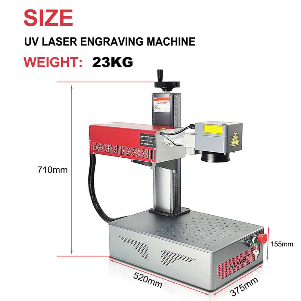 A pequena máquina de marcação a laser UV portátil de 5 W da HUNST é adequada para gravar plástico, PVC, vidro, jade, garrafas de couro, etc. 