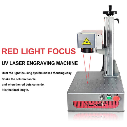 A pequena máquina de marcação a laser UV portátil de 5 W da HUNST é adequada para gravar plástico, PVC, vidro, jade, garrafas de couro, etc. 