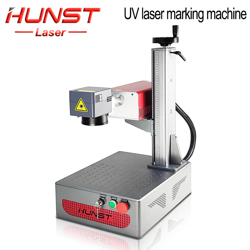 A pequena máquina de marcação a laser UV portátil de 5 W da HUNST é adequada para gravar plástico, PVC, vidro, jade, garrafas de couro, etc. 