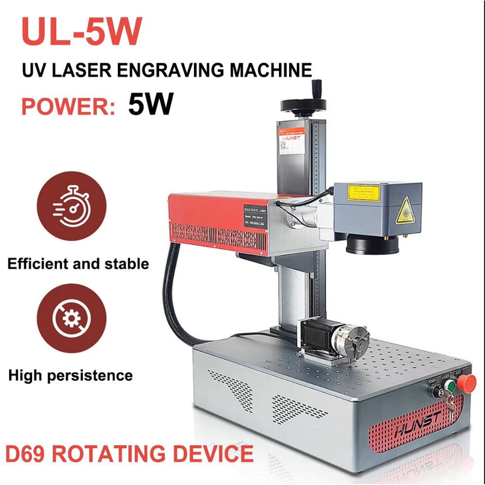A pequena máquina de marcação a laser UV portátil de 5 W da HUNST é adequada para gravar plástico, PVC, vidro, jade, garrafas de couro, etc. 