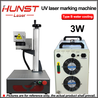 A máquina de marcação a laser UV portátil Hunst Mini de 3 W e 5 W é adequada para gravação em plástico, PVC, vidro, jade, couro, garrafas e conchas móveis. 