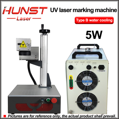A máquina de marcação a laser UV portátil Hunst Mini de 3 W e 5 W é adequada para gravação em plástico, PVC, vidro, jade, couro, garrafas e conchas móveis. 