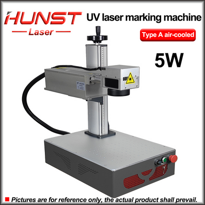 A máquina de marcação a laser UV portátil Hunst Mini de 3 W e 5 W é adequada para gravação em plástico, PVC, vidro, jade, couro, garrafas e conchas móveis. 